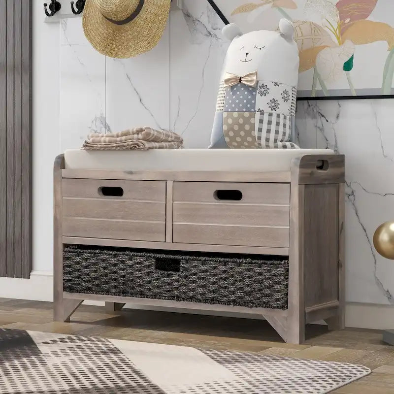 Banc de rangement avec panier amovible et 2 tiroirs, banc à chaussures entièrement assemblé avec coussin amovible (blanc délavé)