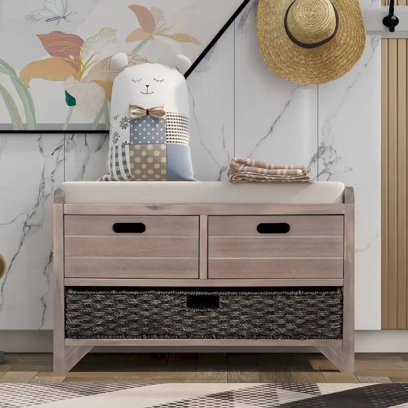Banc de rangement avec panier amovible et 2 tiroirs, banc à chaussures entièrement assemblé avec coussin amovible (blanc délavé)