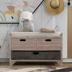 Banc de rangement avec panier amovible et 2 tiroirs, banc à chaussures entièrement assemblé avec coussin amovible (blanc délavé)