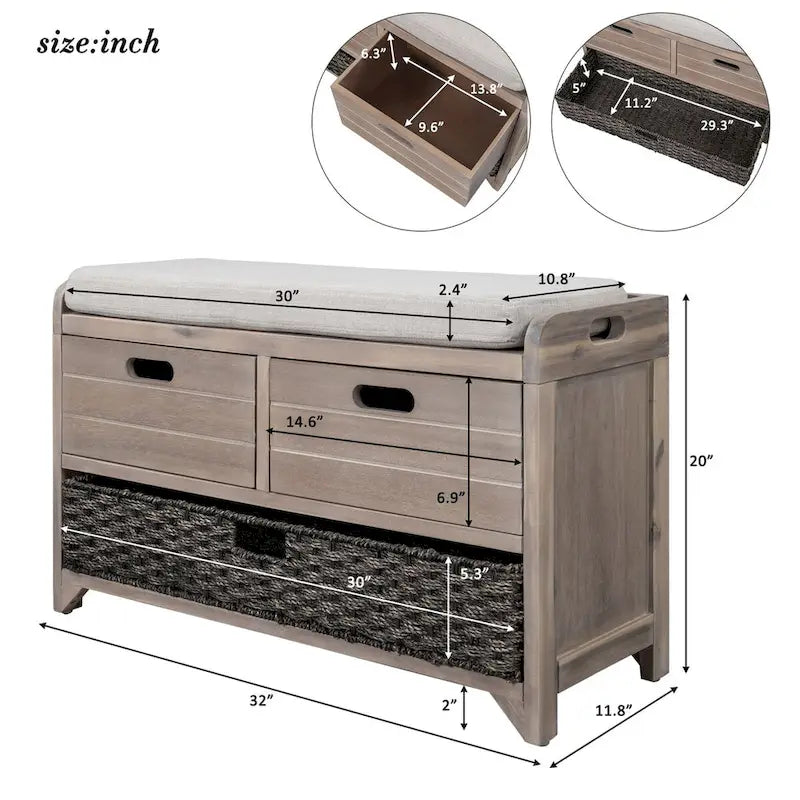 Banc de rangement avec panier amovible et 2 tiroirs, banc à chaussures entièrement assemblé avec coussin amovible (blanc délavé)