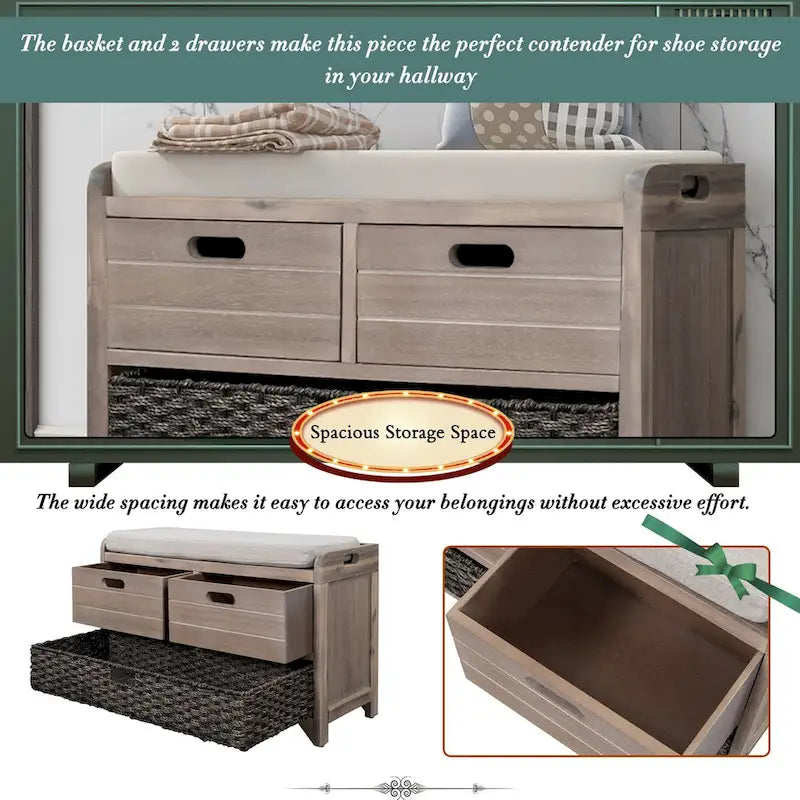 Banc de rangement avec panier amovible et 2 tiroirs, banc à chaussures entièrement assemblé avec coussin amovible (blanc délavé)