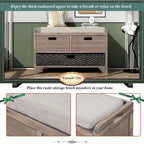 Banc de rangement avec panier amovible et 2 tiroirs, banc à chaussures entièrement assemblé avec coussin amovible (blanc délavé)