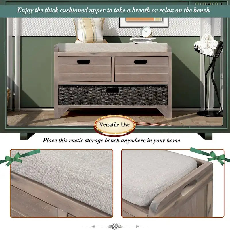 Banc de rangement avec panier amovible et 2 tiroirs, banc à chaussures entièrement assemblé avec coussin amovible (blanc délavé)