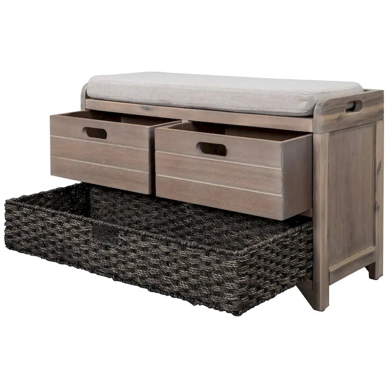 Banc de rangement avec panier amovible et 2 tiroirs, banc à chaussures entièrement assemblé avec coussin amovible (blanc délavé)
