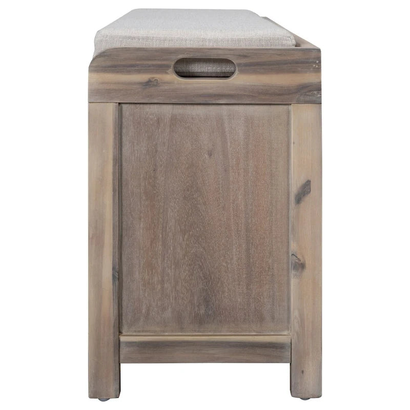 Banc de rangement avec panier amovible et 2 tiroirs, banc à chaussures entièrement assemblé avec coussin amovible (blanc délavé)