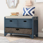 Banc de rangement avec panier amovible et 2 tiroirs, banc à chaussures entièrement assemblé avec coussin amovible (blanc délavé)