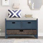 Banc de rangement avec panier amovible et 2 tiroirs, banc à chaussures entièrement assemblé avec coussin amovible (blanc délavé)