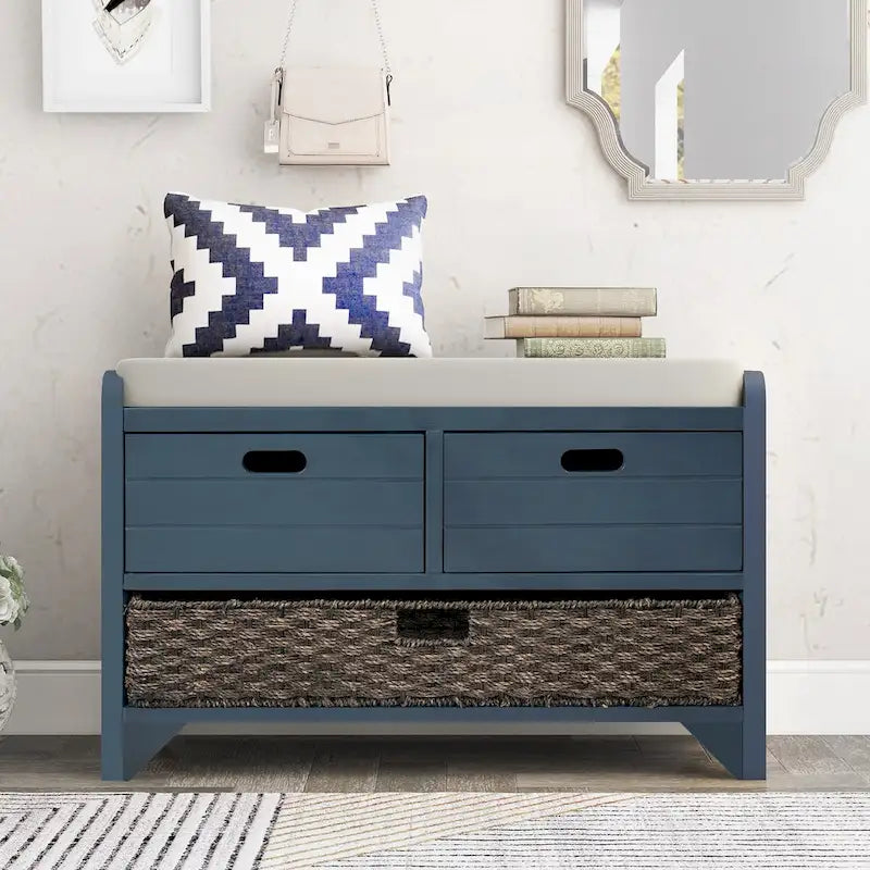 Banc de rangement avec panier amovible et 2 tiroirs, banc à chaussures entièrement assemblé avec coussin amovible (blanc délavé)