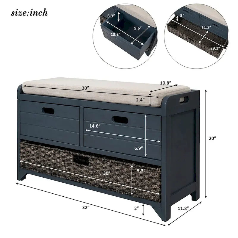 Banc de rangement avec panier amovible et 2 tiroirs, banc à chaussures entièrement assemblé avec coussin amovible (blanc délavé)