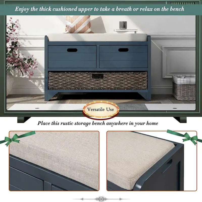 Banc de rangement avec panier amovible et 2 tiroirs, banc à chaussures entièrement assemblé avec coussin amovible (blanc délavé)