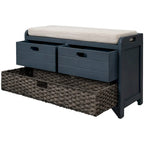 Banc de rangement avec panier amovible et 2 tiroirs, banc à chaussures entièrement assemblé avec coussin amovible (blanc délavé)