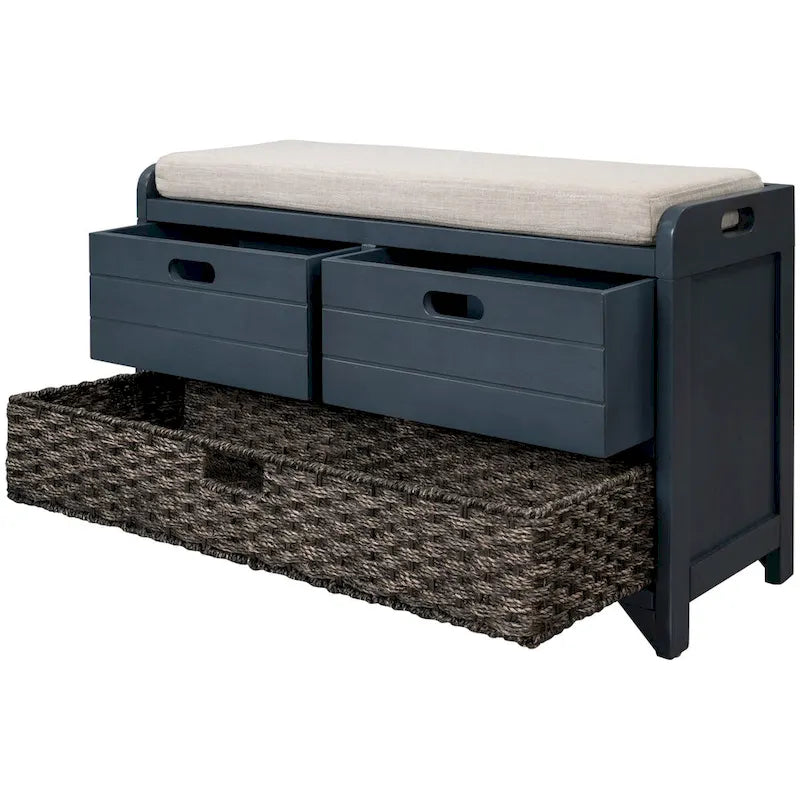 Banc de rangement avec panier amovible et 2 tiroirs, banc à chaussures entièrement assemblé avec coussin amovible (blanc délavé)