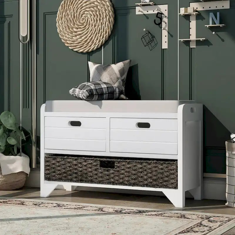 Banc de rangement avec panier amovible et 2 tiroirs, banc à chaussures entièrement assemblé avec coussin amovible (blanc délavé)