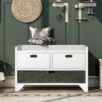 Banc de rangement avec panier amovible et 2 tiroirs, banc à chaussures entièrement assemblé avec coussin amovible (blanc délavé)