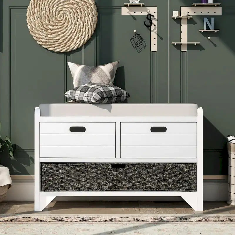 Banc de rangement avec panier amovible et 2 tiroirs, banc à chaussures entièrement assemblé avec coussin amovible (blanc délavé)