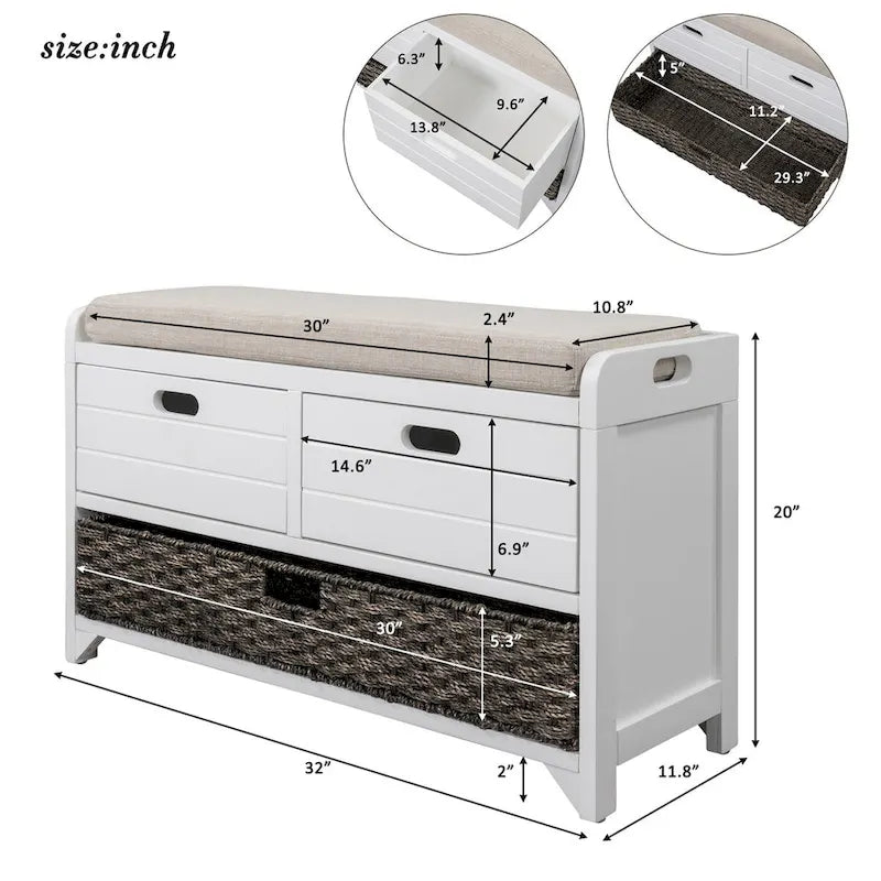 Banc de rangement avec panier amovible et 2 tiroirs, banc à chaussures entièrement assemblé avec coussin amovible (blanc délavé)