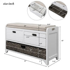 Banc de rangement avec panier amovible et 2 tiroirs, banc à chaussures entièrement assemblé avec coussin amovible (blanc délavé)