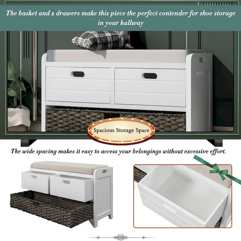 Banc de rangement avec panier amovible et 2 tiroirs, banc à chaussures entièrement assemblé avec coussin amovible (blanc délavé)
