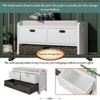 Banc de rangement avec panier amovible et 2 tiroirs, banc à chaussures entièrement assemblé avec coussin amovible (blanc délavé)