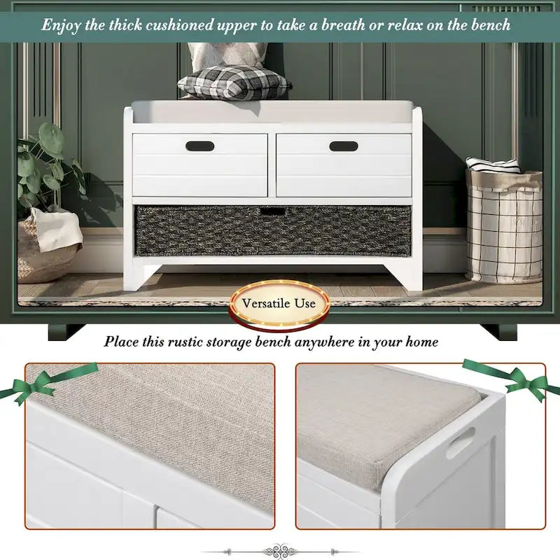 Banc de rangement avec panier amovible et 2 tiroirs, banc à chaussures entièrement assemblé avec coussin amovible (blanc délavé)