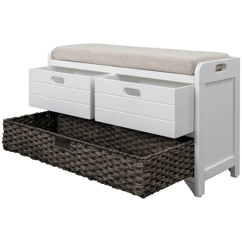 Banc de rangement avec panier amovible et 2 tiroirs, banc à chaussures entièrement assemblé avec coussin amovible (blanc délavé)