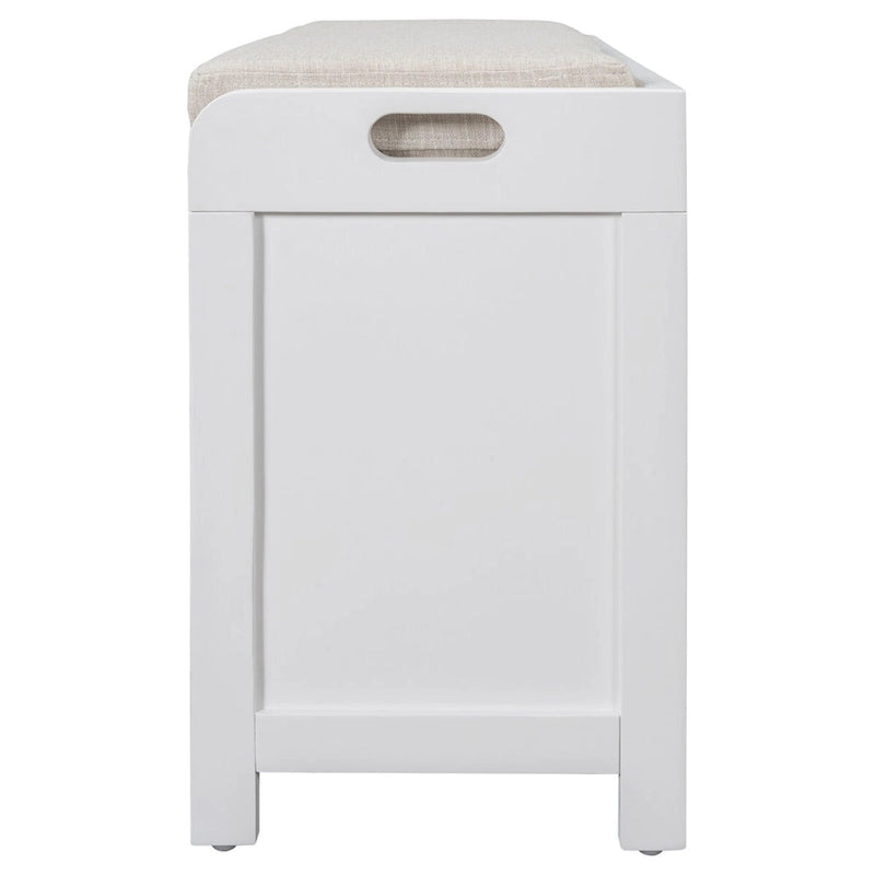 Banc de rangement avec panier amovible et 2 tiroirs, banc à chaussures entièrement assemblé avec coussin amovible (blanc délavé)