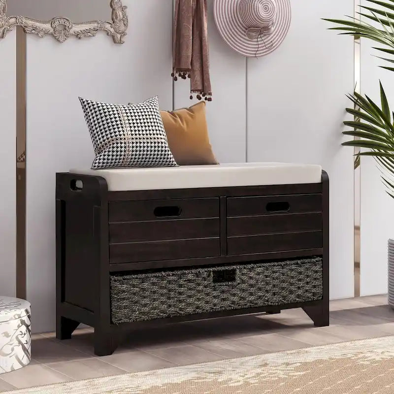 Banc de rangement avec panier amovible et 2 tiroirs, banc à chaussures entièrement assemblé avec coussin amovible (blanc délavé)