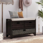 Banc de rangement avec panier amovible et 2 tiroirs, banc à chaussures entièrement assemblé avec coussin amovible (blanc délavé)