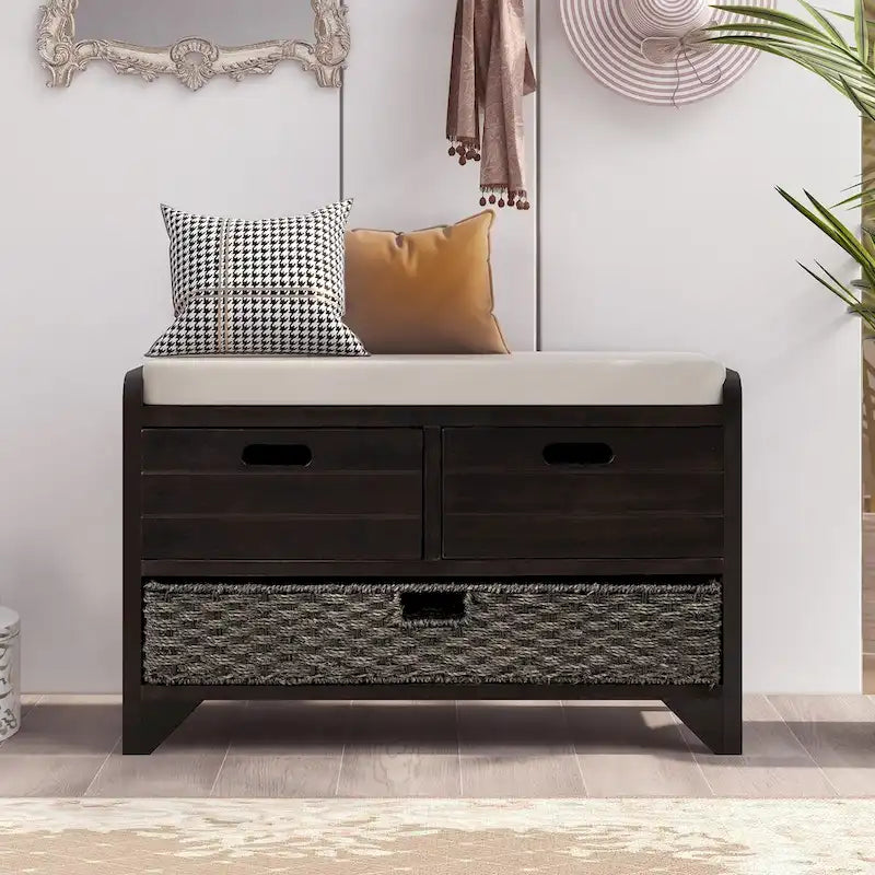 Banc de rangement avec panier amovible et 2 tiroirs, banc à chaussures entièrement assemblé avec coussin amovible (blanc délavé)