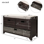Banc de rangement avec panier amovible et 2 tiroirs, banc à chaussures entièrement assemblé avec coussin amovible (blanc délavé)