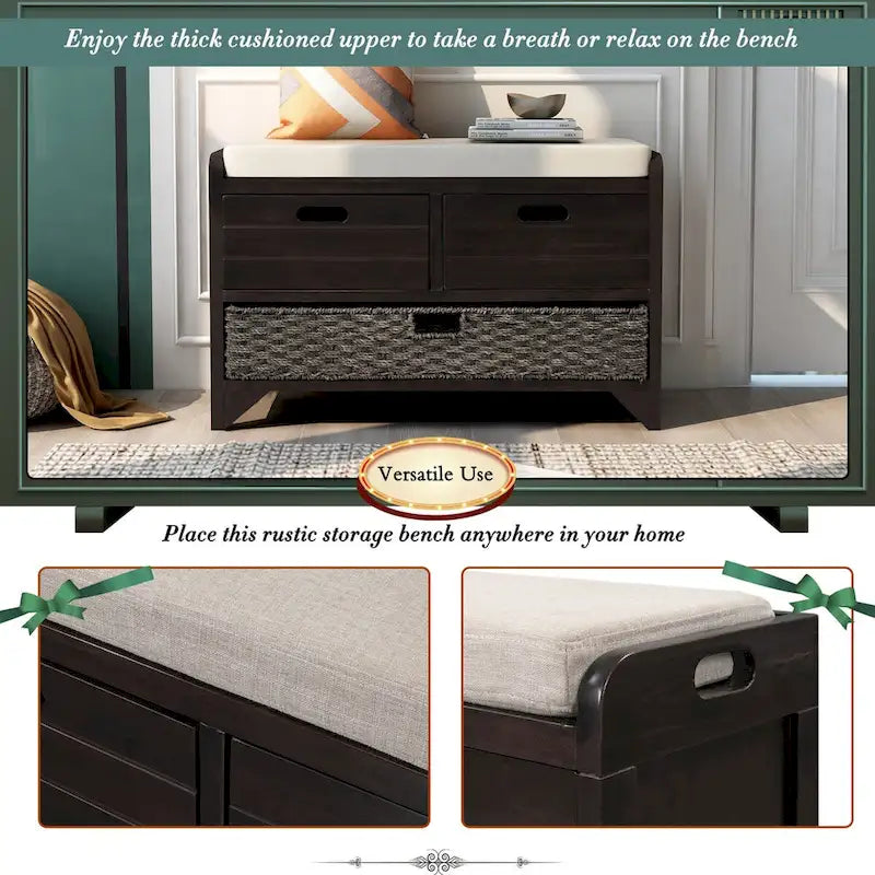Banc de rangement avec panier amovible et 2 tiroirs, banc à chaussures entièrement assemblé avec coussin amovible (blanc délavé)