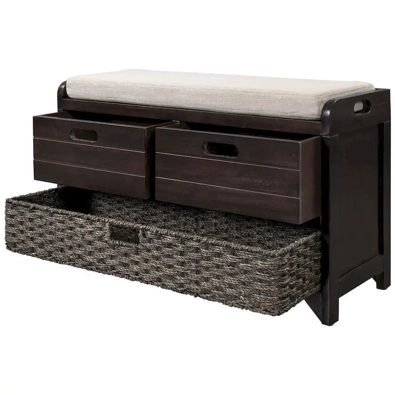 Banc de rangement avec panier amovible et 2 tiroirs, banc à chaussures entièrement assemblé avec coussin amovible (blanc délavé)
