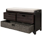 Banc de rangement avec panier amovible et 2 tiroirs, banc à chaussures entièrement assemblé avec coussin amovible (blanc délavé)