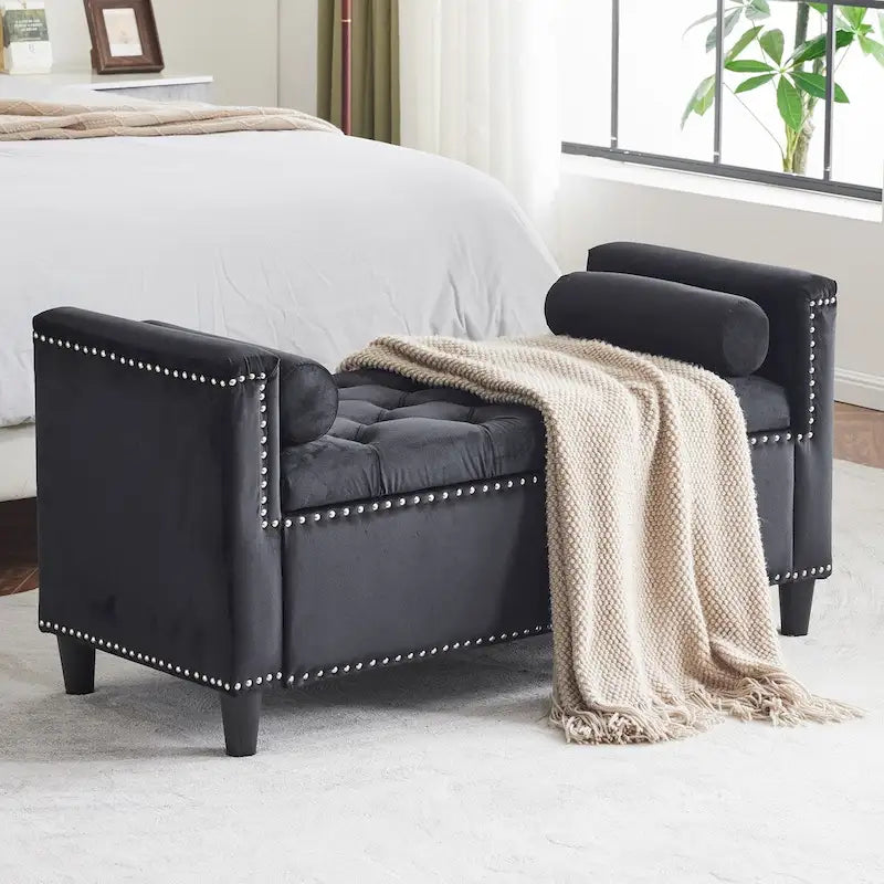 Banc de rangement en velours à capitons avec accoudoirs et garniture cloutée de 44,5 po