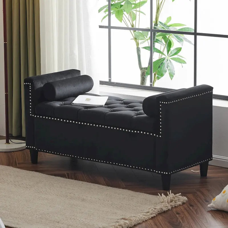 Banc de rangement en velours à capitons avec accoudoirs et garniture cloutée de 44,5 po
