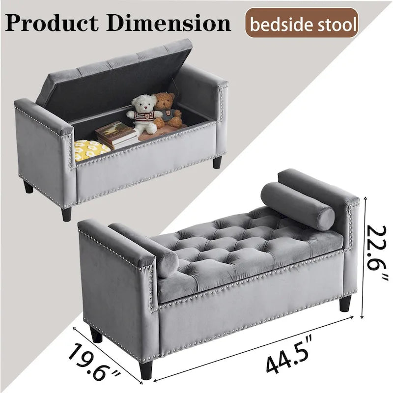 Banc de rangement en velours à capitons avec accoudoirs et garniture cloutée de 44,5 po