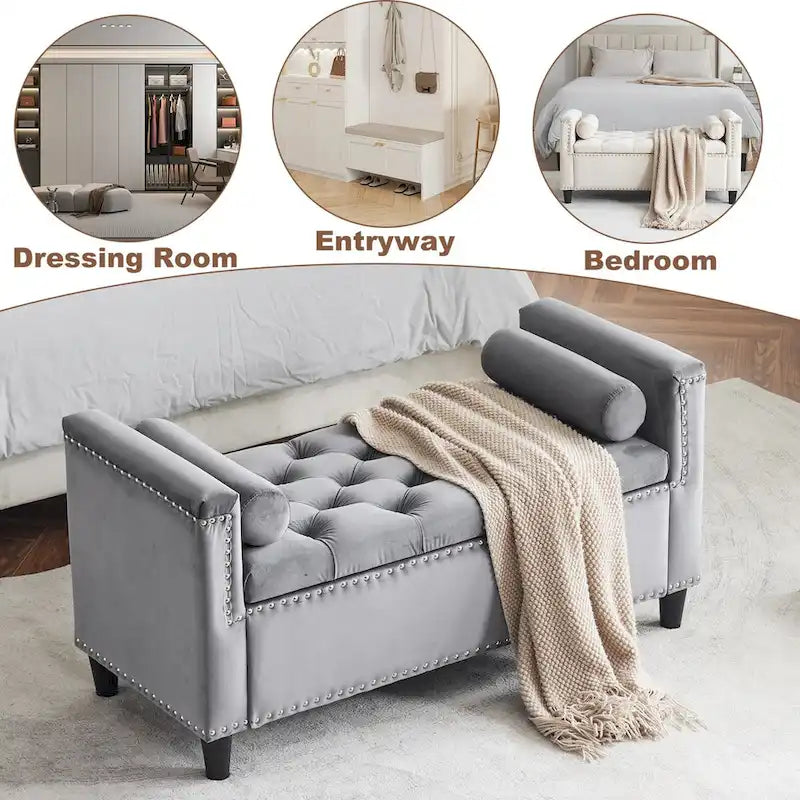 Banc de rangement en velours à capitons avec accoudoirs et garniture cloutée de 44,5 po