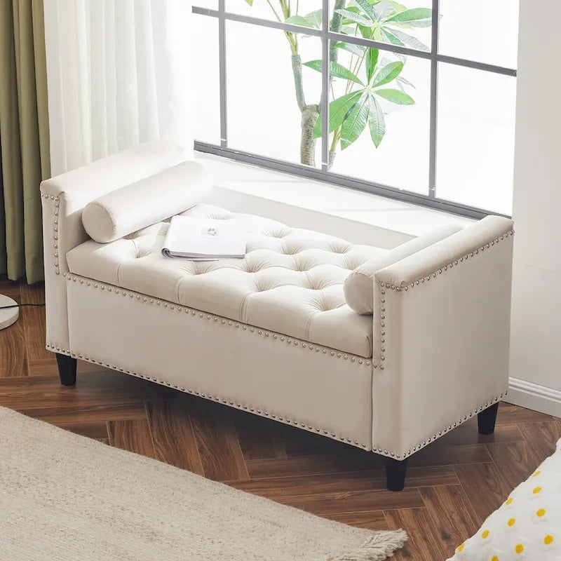 Banc de rangement en velours à capitons avec accoudoirs et garniture cloutée de 44,5 po