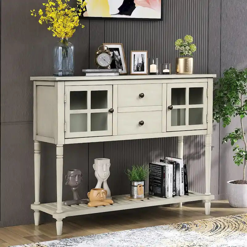 Buffet Console avec étagère inférieure, meuble de rangement en bois/verre style ferme pour salon (Gris antique)