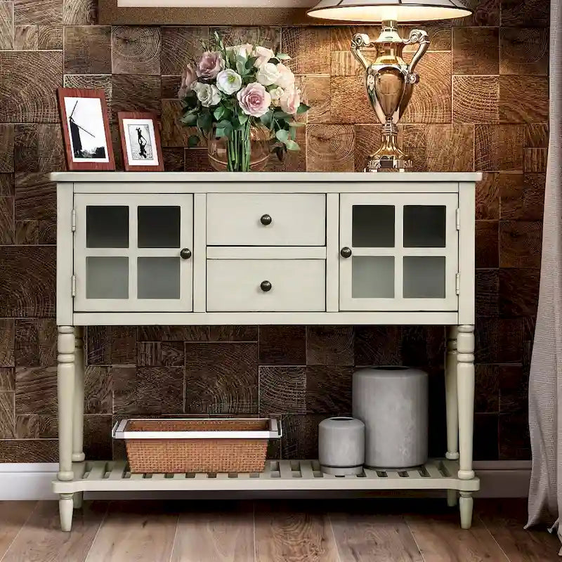 Buffet Console avec étagère inférieure, meuble de rangement en bois/verre style ferme pour salon (Gris antique)