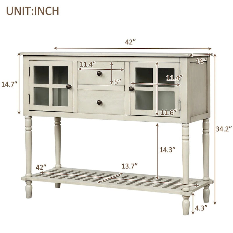 Buffet Console avec étagère inférieure, meuble de rangement en bois/verre style ferme pour salon (Gris antique)