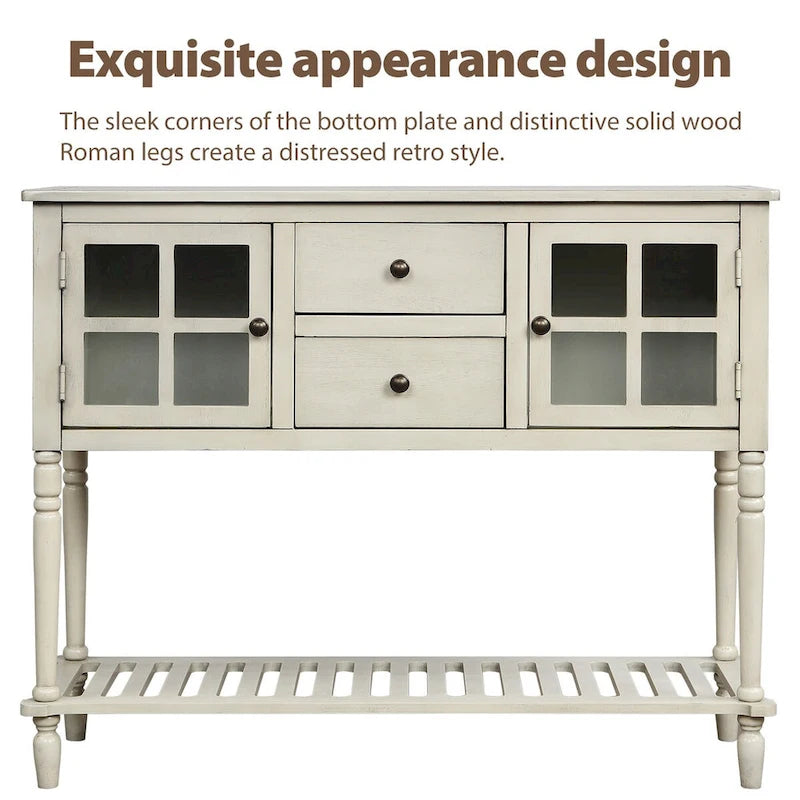 Buffet Console avec étagère inférieure, meuble de rangement en bois/verre style ferme pour salon (Gris antique)