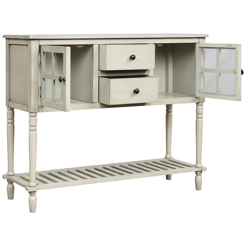 Buffet Console avec étagère inférieure, meuble de rangement en bois/verre style ferme pour salon (Gris antique)