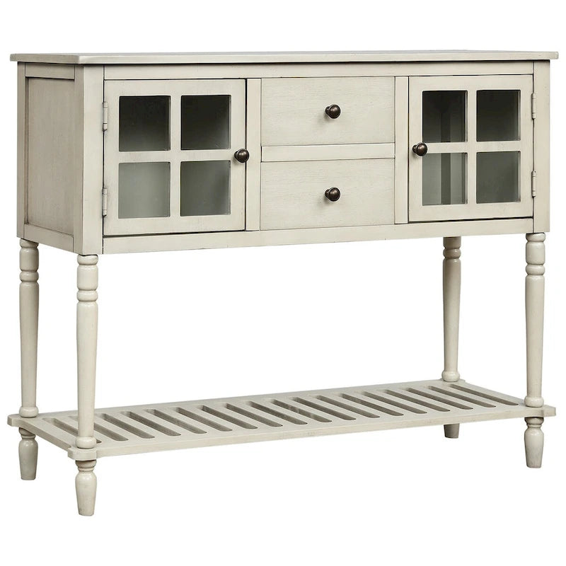 Buffet Console avec étagère inférieure, meuble de rangement en bois/verre style ferme pour salon (Gris antique)