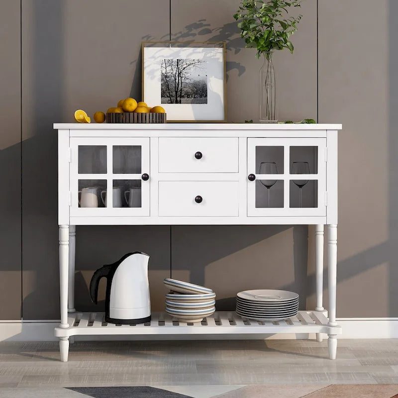 Buffet Console avec étagère inférieure, meuble de rangement en bois/verre style ferme pour salon (Gris antique)
