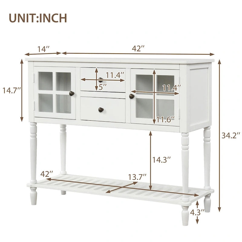 Buffet Console avec étagère inférieure, meuble de rangement en bois/verre style ferme pour salon (Gris antique)