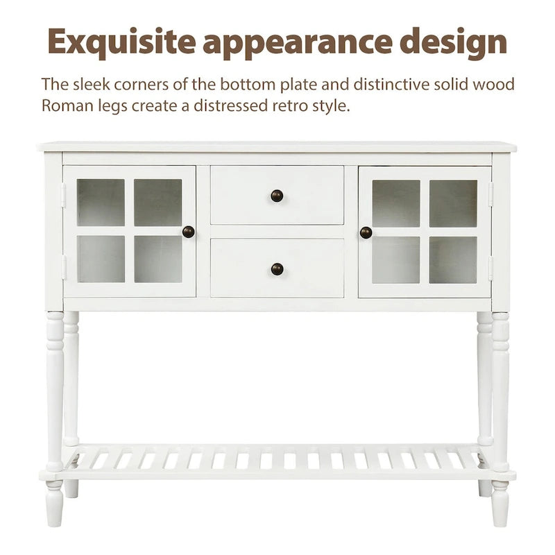 Buffet Console avec étagère inférieure, meuble de rangement en bois/verre style ferme pour salon (Gris antique)