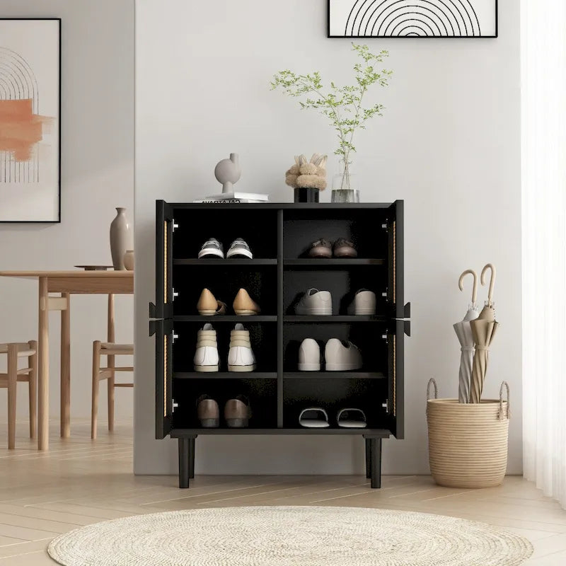 Meuble de rangement pour chaussures 4 portes en rotin tressé pour entrée/salon