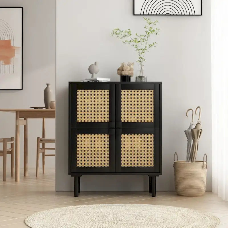 Meuble de rangement pour chaussures 4 portes en rotin tressé pour entrée/salon