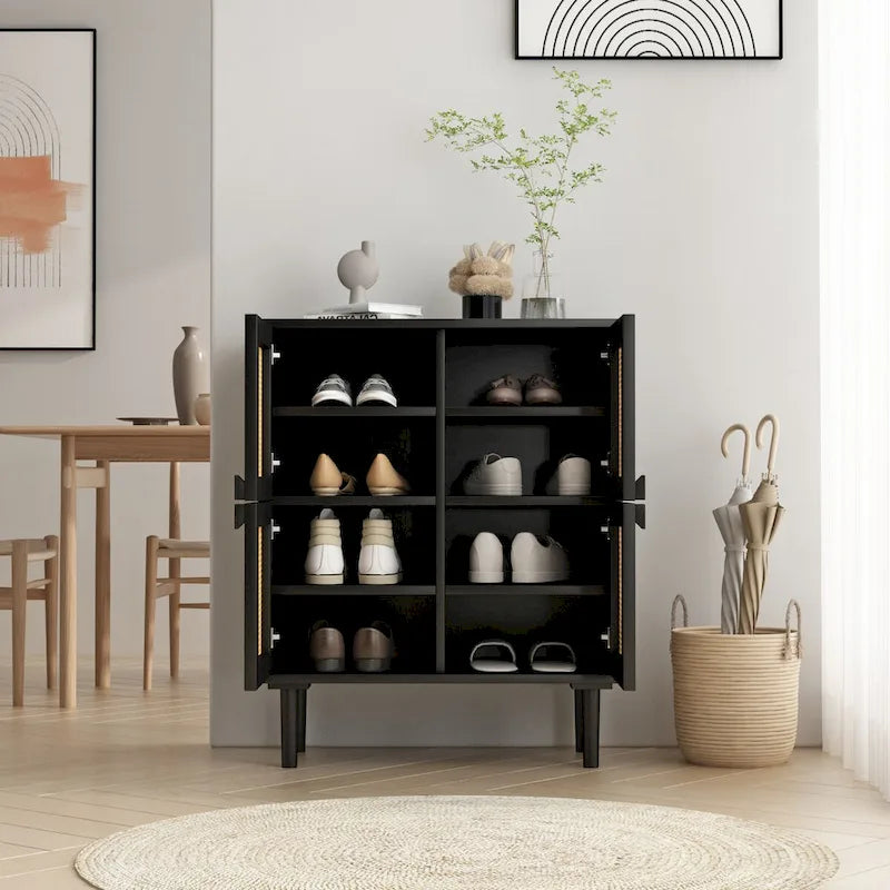 Meuble de rangement pour chaussures 4 portes en rotin tressé pour entrée/salon